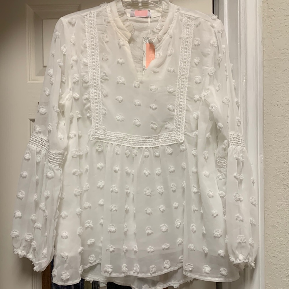 C + D + M.  V-Neck Puff Sleeve White Long Top